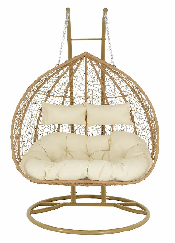 Veke Tupla Kahden Istuttava Riipputuoli Telineellä Luonnonväri/valkoiset Pehmusteet - Image 2