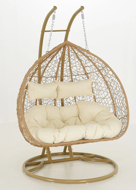 Veke Tupla Kahden Istuttava Riipputuoli Telineellä Luonnonväri/valkoiset Pehmusteet - Image 3